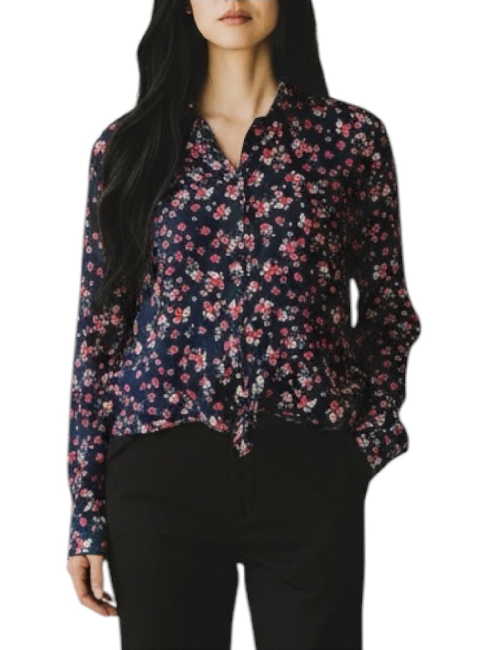 Woman’s Linen Floral Tie-Front Button-Up Collar Button Cuff Longsleeve Blouse